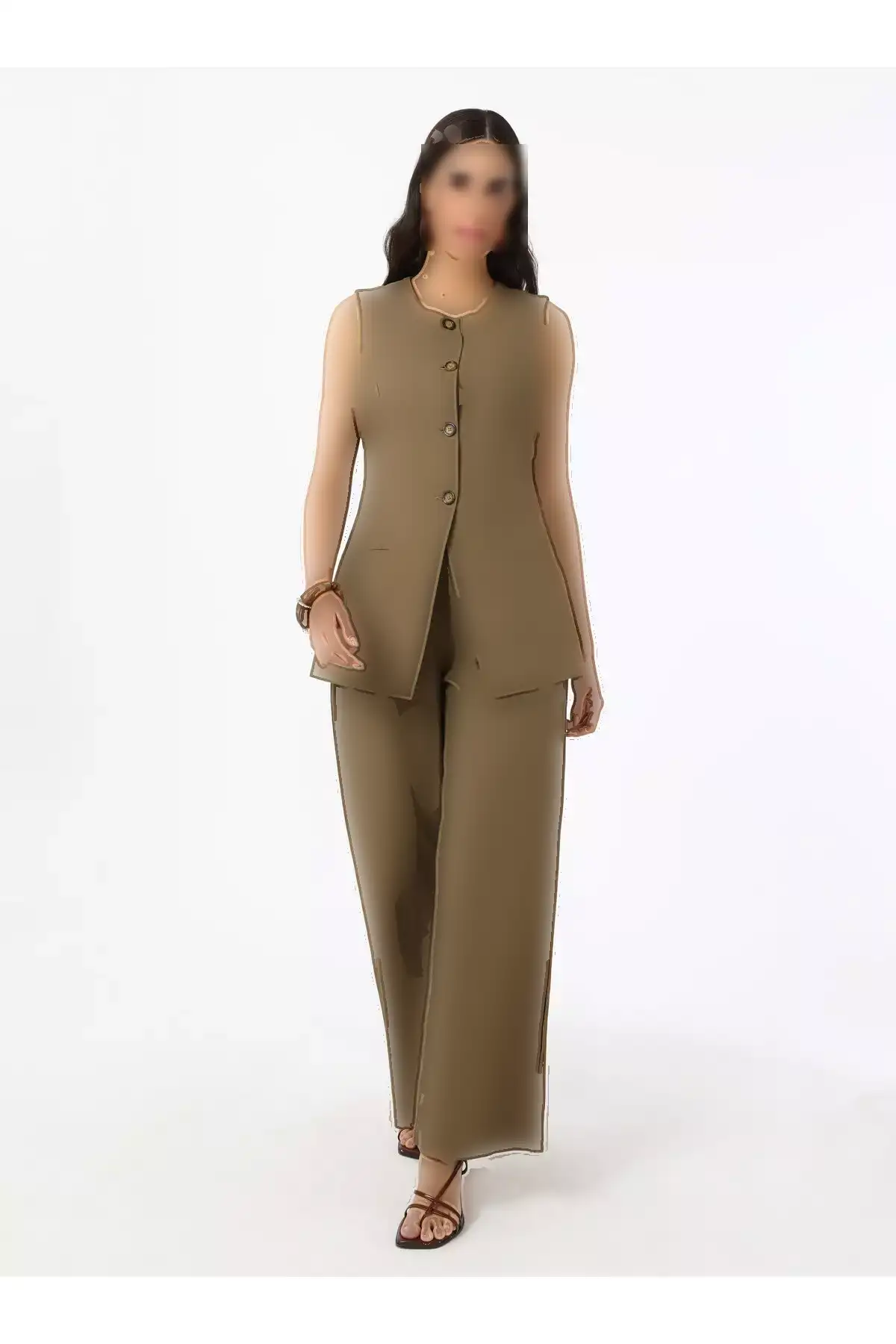ست دو تکه شلوار و جلیقه کتانی - رنگ خاکی - برند رفکا برند Refka - 940595722