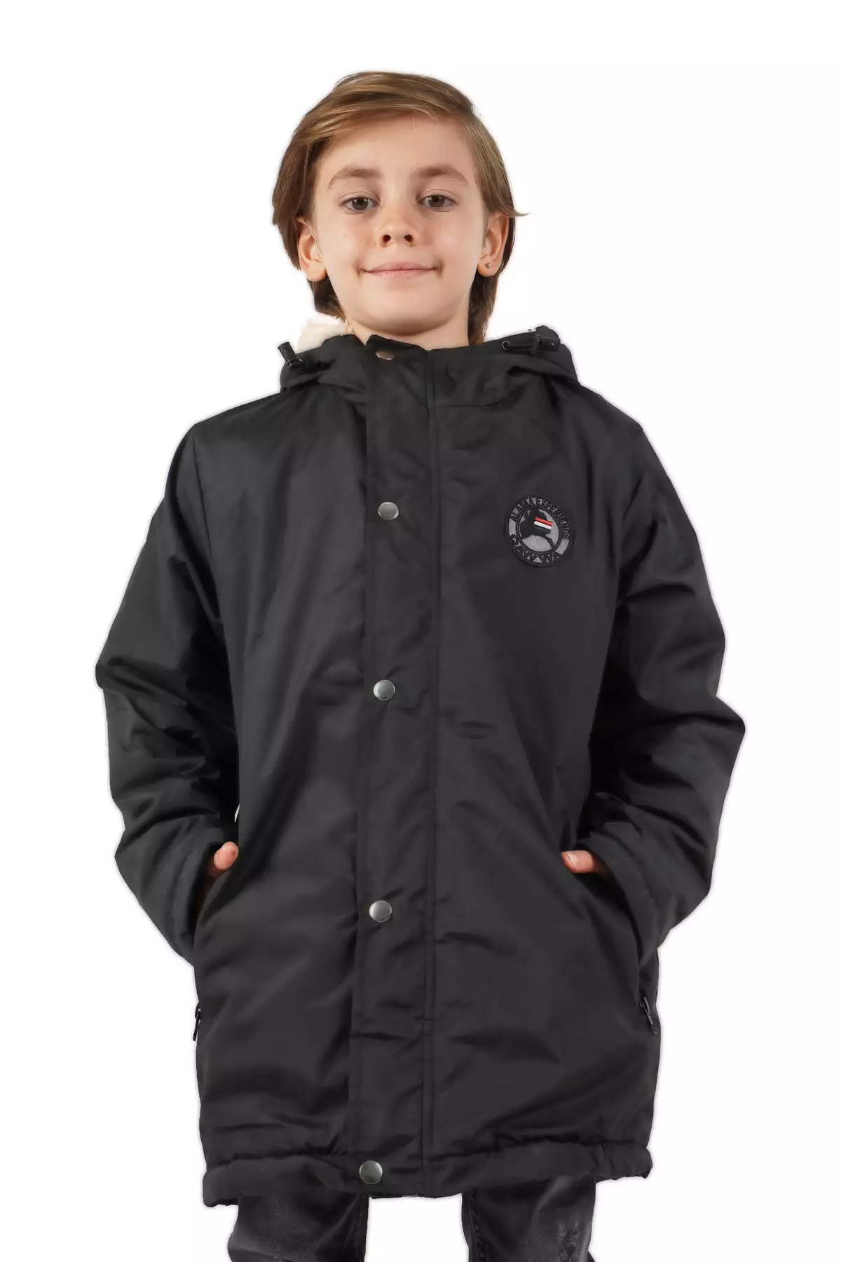 کاپشن و بارانی پارکا با کلاه و داخلی خزدار برای پسران - مشکی، ضد آب و ضد باد برند QAWWA - 759719104