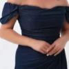 پیراهن مجلسی بلند آبی تیره با یقه قایقی و چیندار همراه با شقاق برند Lafaba - 759824552