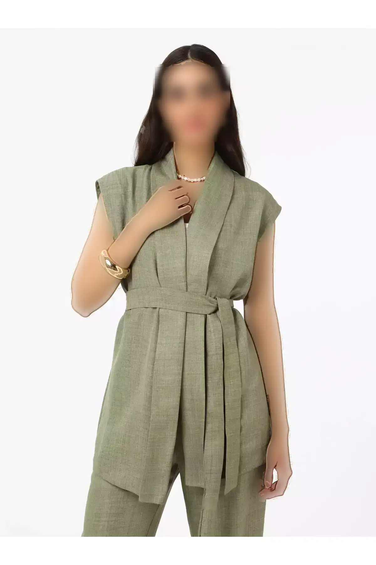 ست دو تکه شلوار و ژاکت با ظاهر کتان - رنگ خاکی - برند رفکا برند Refka - 940584219