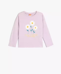 تی‌شرت با طرح گلدار، آستین بلند، یقه گرد و از جنس پنبه با بافت مخصوص برند Koton - 849957536