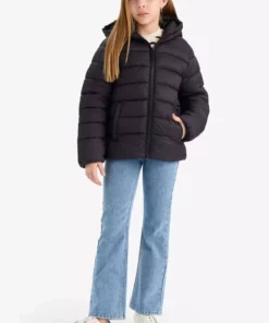 کاپشن پفی زیپدار با کلاه ضد آب برای دختران بچه E5406A825AU برند Defacto - 968861380