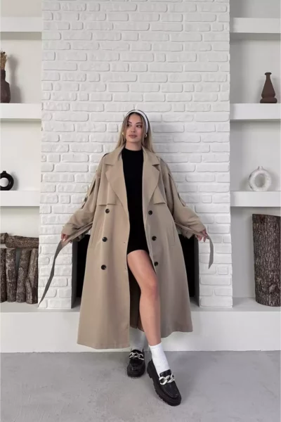 پالتوی ماکسینی زنانه با کمر بند و آستین‌های رکابی بلند برند Moderk - 1002057314