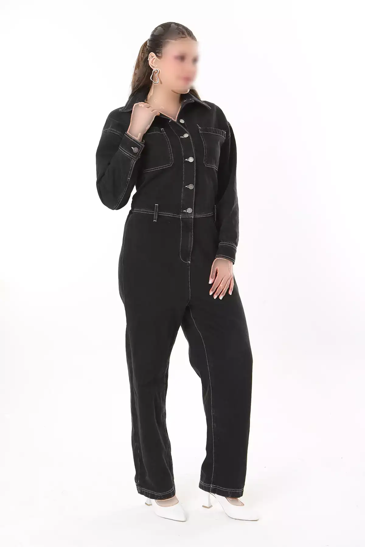 کامل زنانه با سایز بزرگ جین سیاه با دوخت متضاد و دکمه های فلزی 65N37723 برند Şans - 818528688