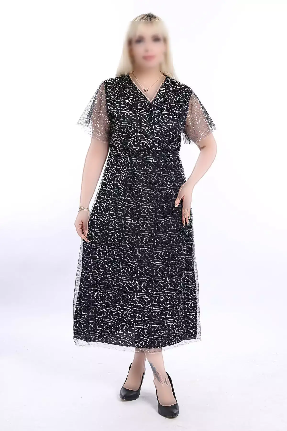 پیراهن مجلسی خاکستری بزرگ با یقه کراوات و زیورآلات 13C-2328 برند modayız - 704486898