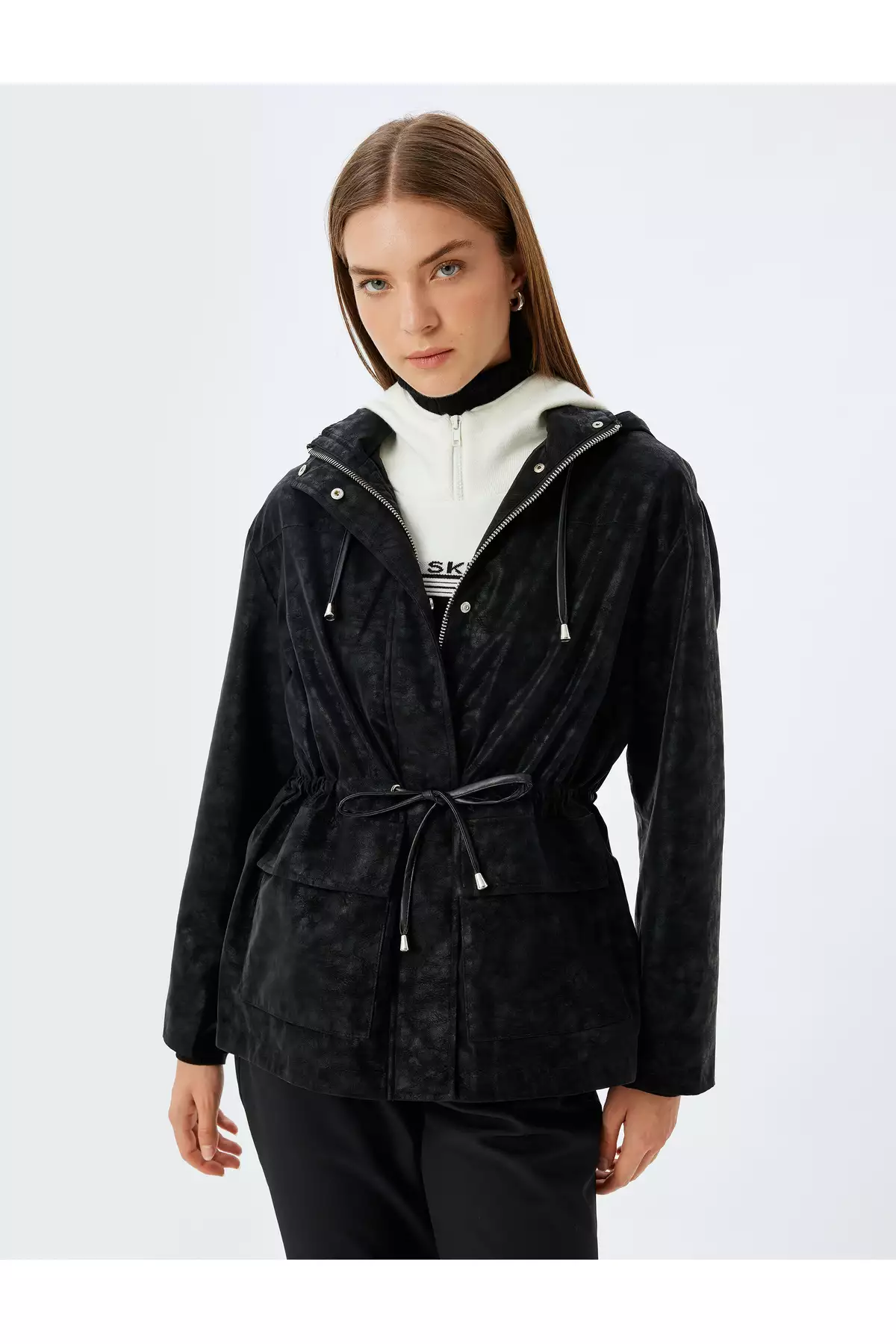 بارانی اورسایز چرم سونی با کلاه، کمربند دار، زیپ دار و جیبدار برند Koton - 923706532