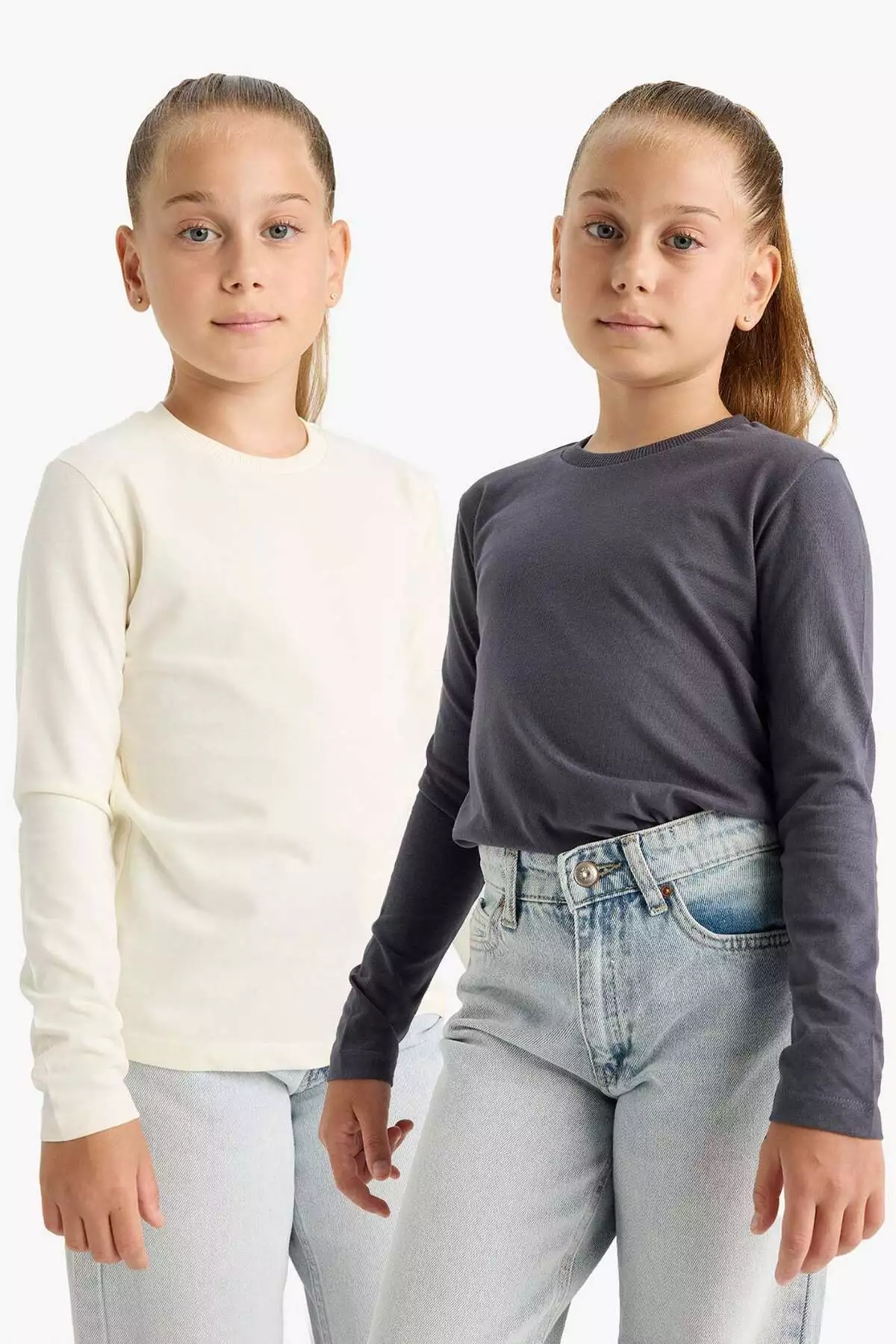 تیشرت آستین بلند دوعددی یقه گرد بچه女孩 برند Defacto - 961153595