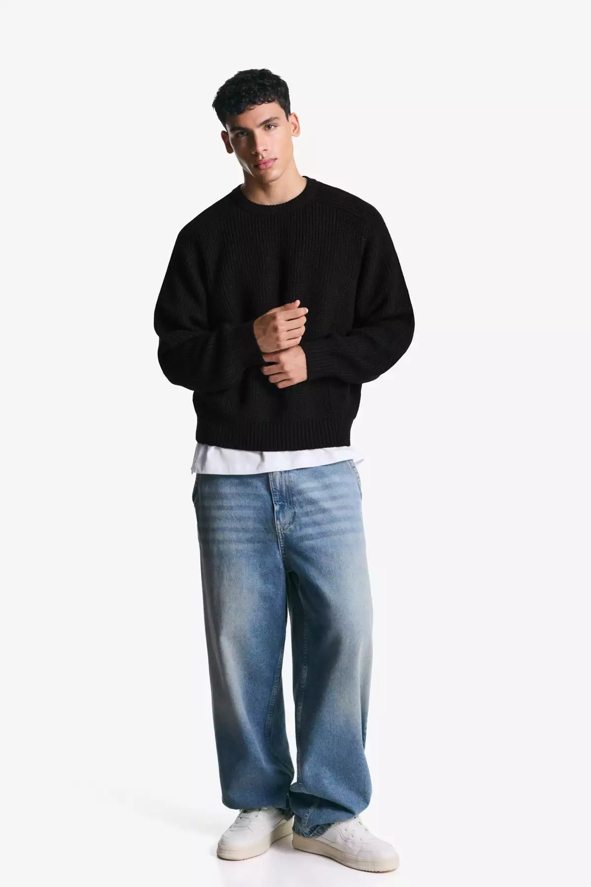 پلیور بافتنی پشمینه با آستین فیتیلهای برند Bershka - 970730352