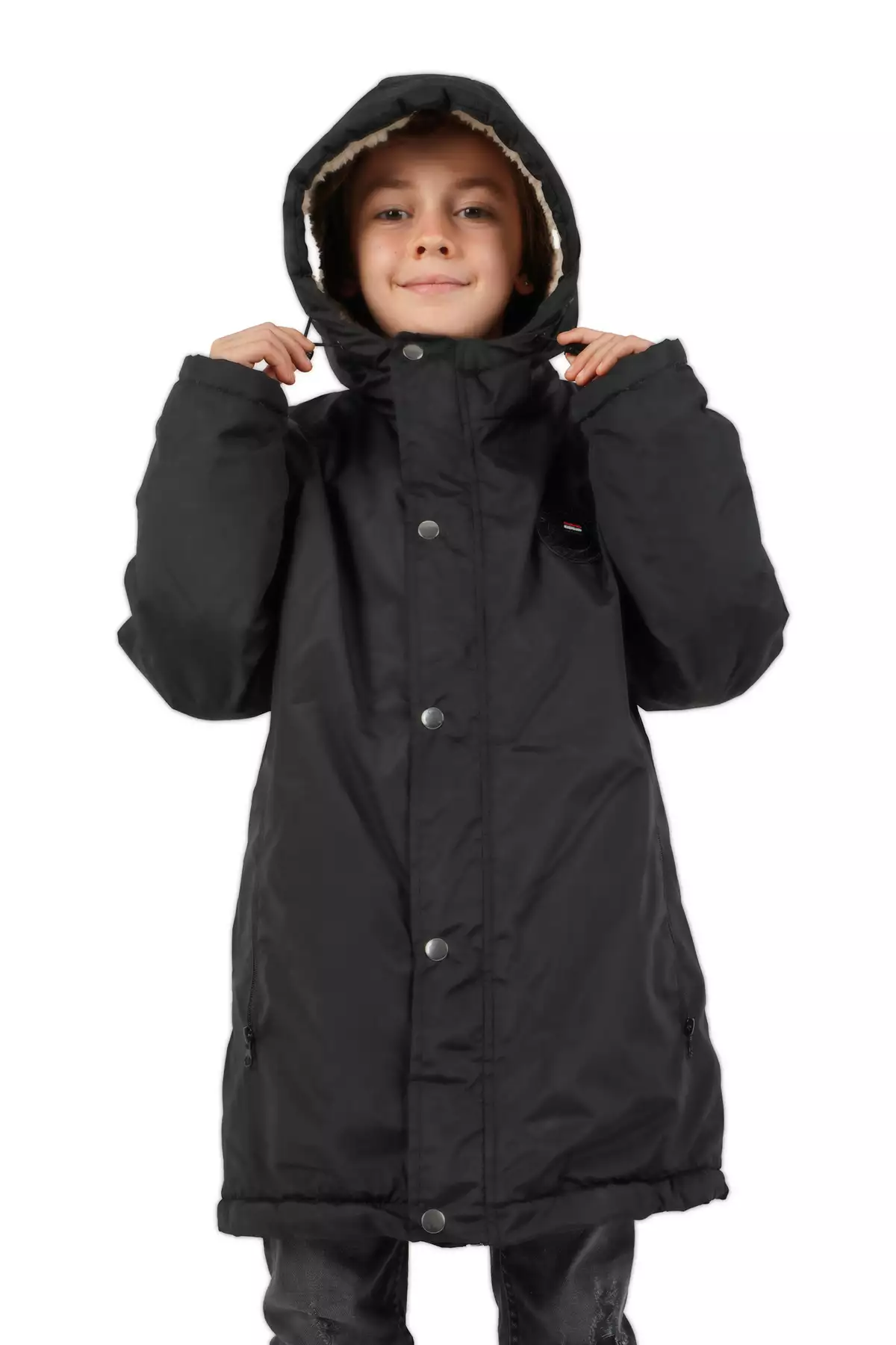 کاپشن و بارانی پارکا با کلاه و داخلی خزدار برای پسران - مشکی، ضد آب و ضد باد برند QAWWA - 759719104