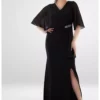 پیراهن مجلسی مشکی با مخمل درخشان، با سایز بزرگ و چاکدار برند ADASTYLE - 784670204