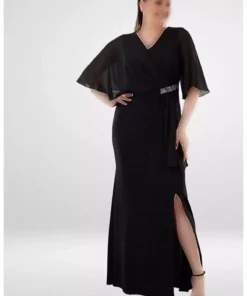 پیراهن مجلسی مشکی با مخمل درخشان، با سایز بزرگ و چاکدار برند ADASTYLE - 784670204