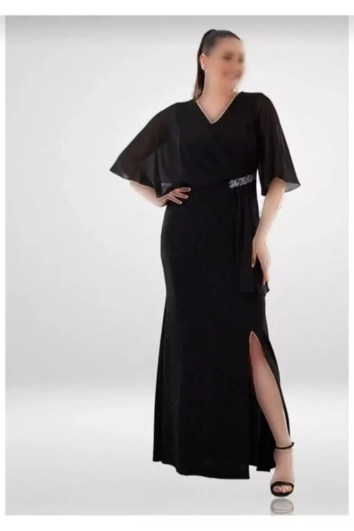پیراهن مجلسی مشکی با مخمل درخشان، با سایز بزرگ و چاک‌دار برند ADASTYLE - 784670204