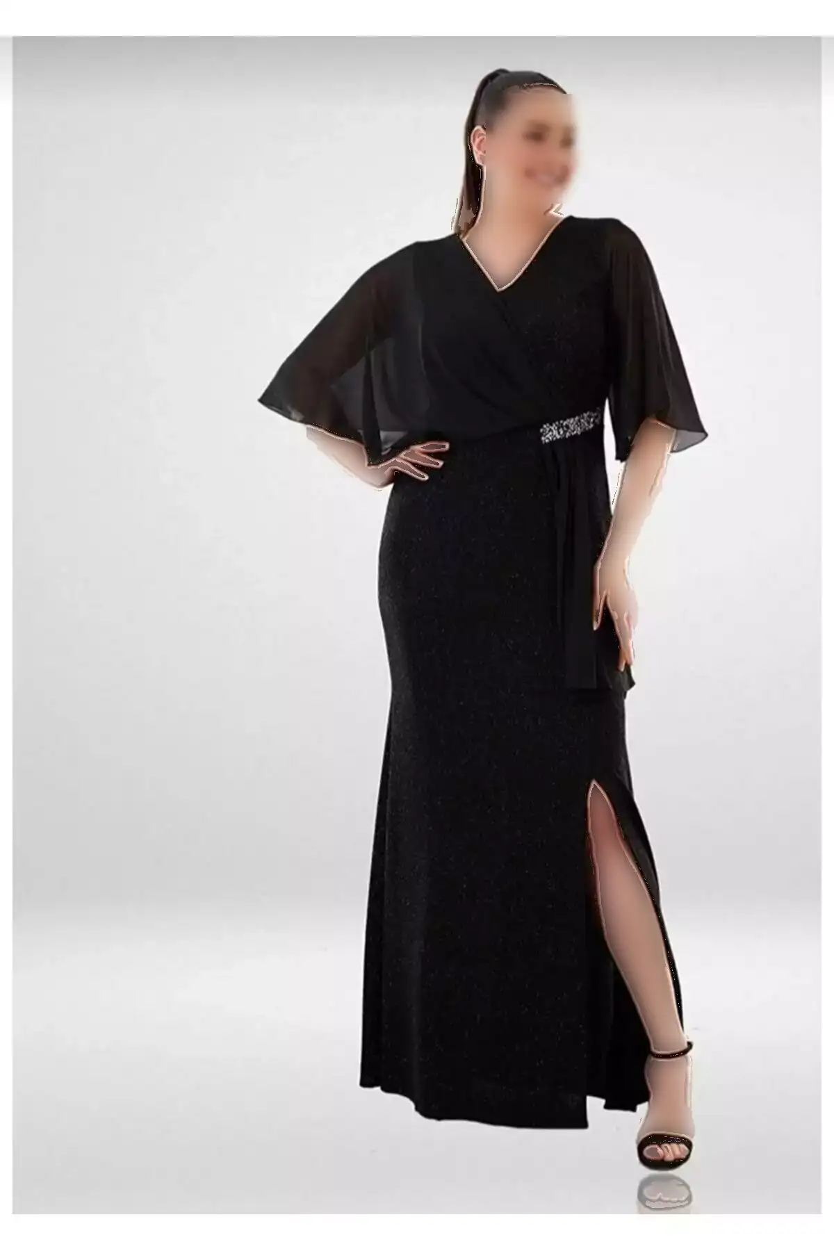 پیراهن مجلسی مشکی با مخمل درخشان، با سایز بزرگ و چاکدار برند ADASTYLE - 784670204