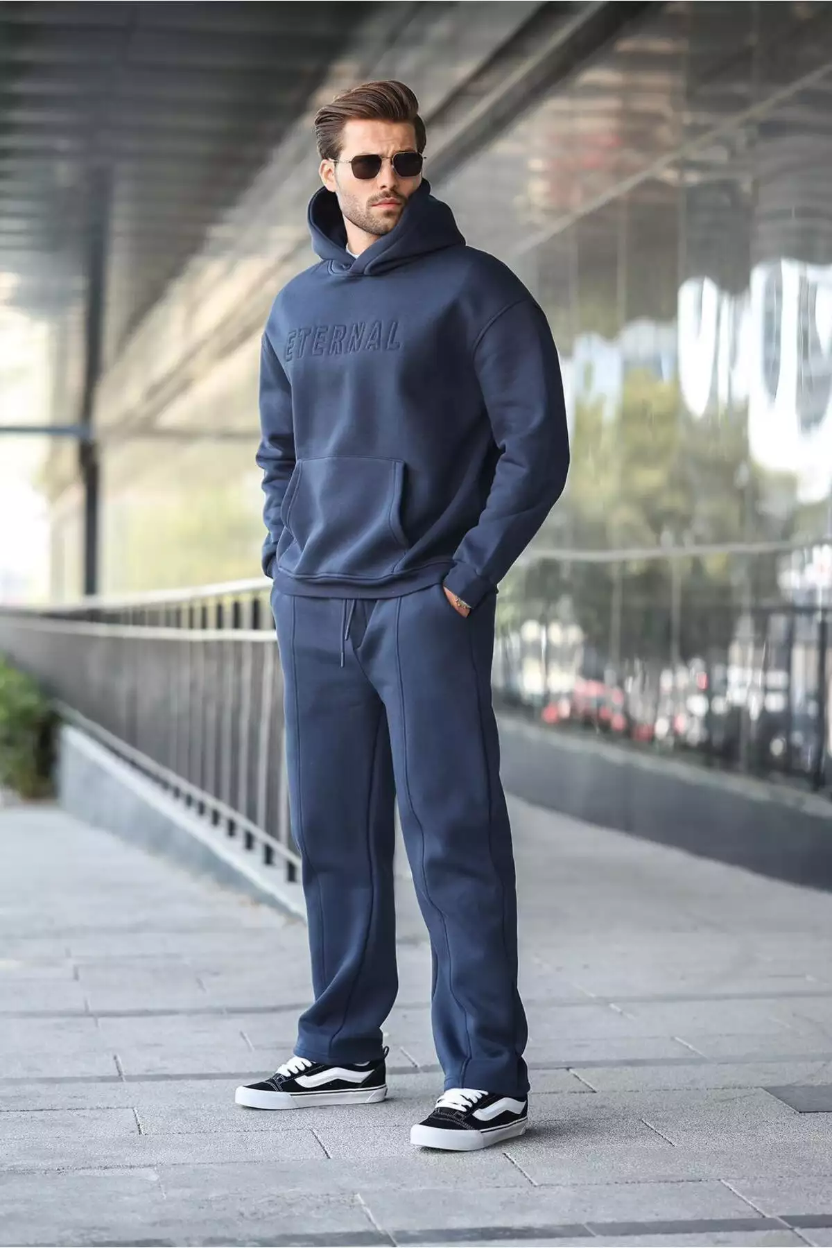 ست سویشرت و شلوار مردانه کلاهدار آبی تیره E7324 برند Madmext - 963245523