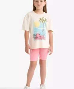 تیشرت کوتاه آستین دخترانه با یقه گرد و طرح ریسه مدل E0353A825SM برند Defacto - 941554137