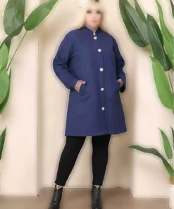 کاپشن پشمی بدون آستر زنانه سایز بزرگ آبی تیره با جیب 65N38346 برند Şans - 862343690
