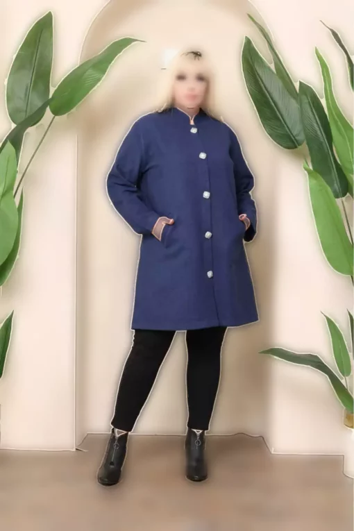 کاپشن پشمی بدون آستر زنانه سایز بزرگ آبی تیره با جیب 65N38346 برند Şans - 862343690