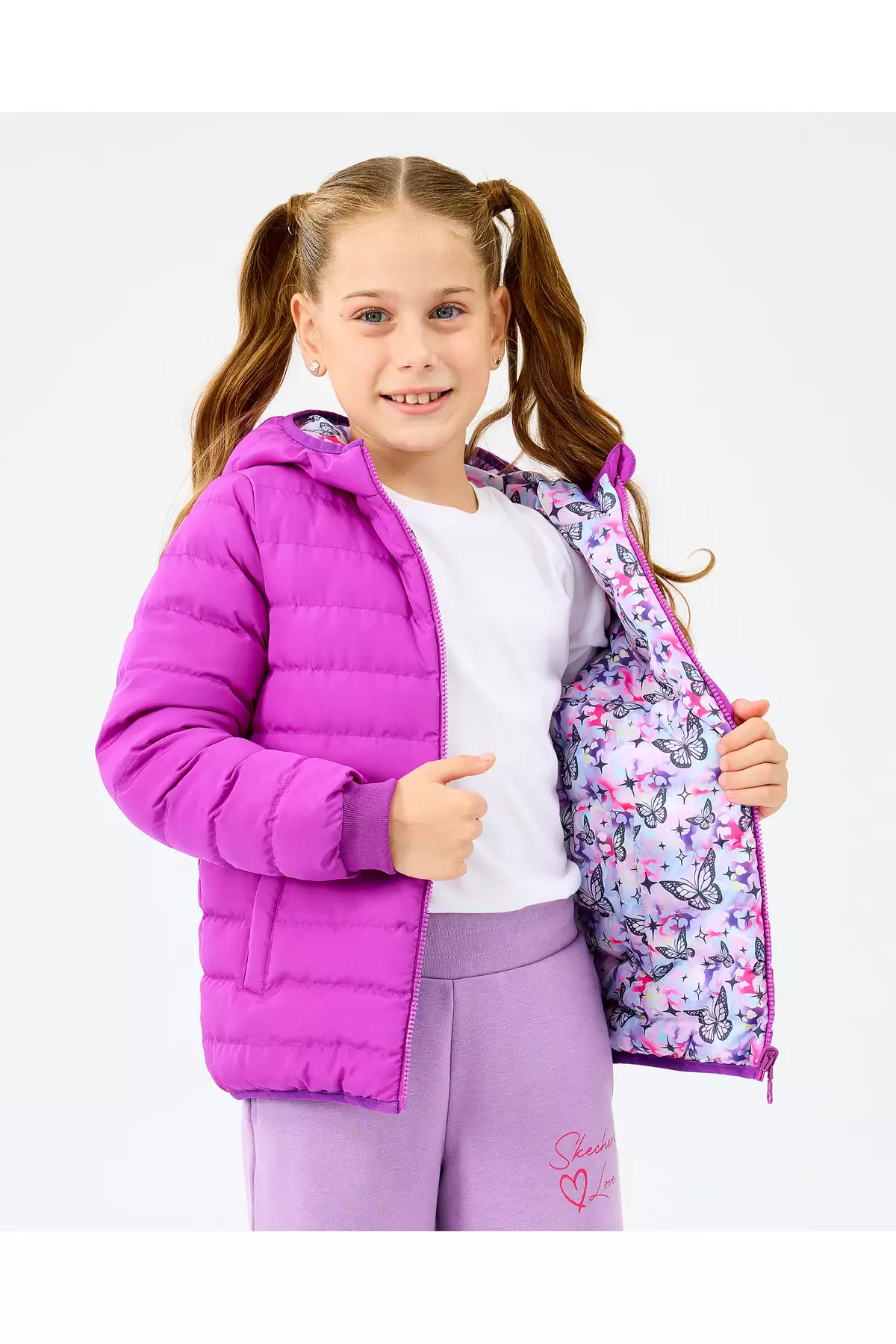 کاپشن پافر دو طرفه دخترانه بزرگ رنگ بنفش مدل SK2520079-4069 برند Skechers - 981631666