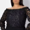 زنانه، سایز بزرگ، مشکی، یقه مادونا، بالاتنه دانتل، دامن صاف، لباس شب سالنی 65N39117 برند Şans - 980988038