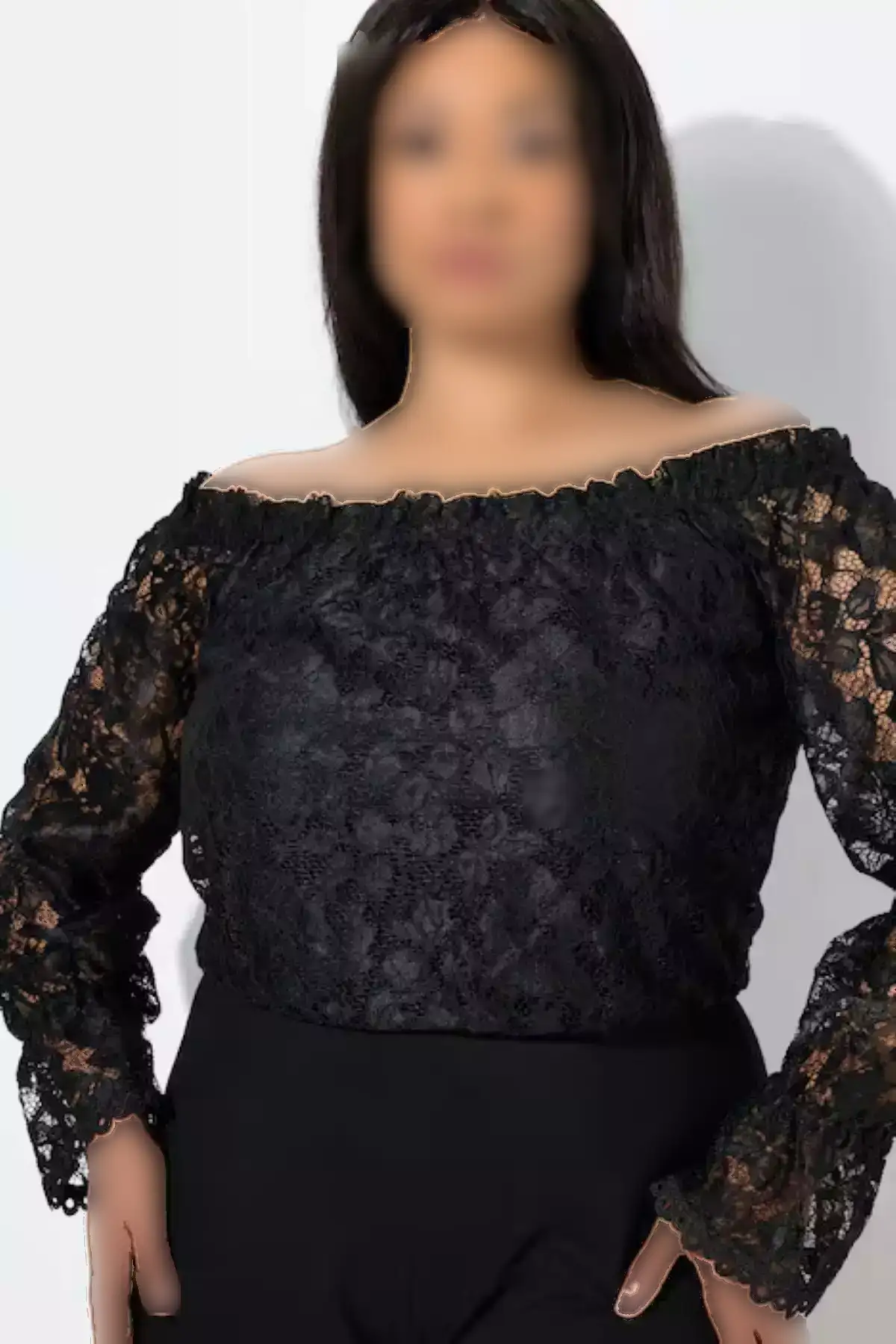 زنانه، سایز بزرگ، مشکی، یقه مادونا، بالاتنه دانتل، دامن صاف، لباس شب سالنی 65N39117 برند Şans - 980988038