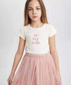 تیشرت کوتاهدست دخترانه با برش اسلیم فیت و یقه گرد چاپی مدل C1433A824SM برند Defacto - 807193469