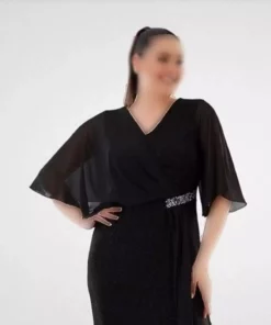 پیراهن مجلسی مشکی با مخمل درخشان، با سایز بزرگ و چاکدار برند ADASTYLE - 784670204