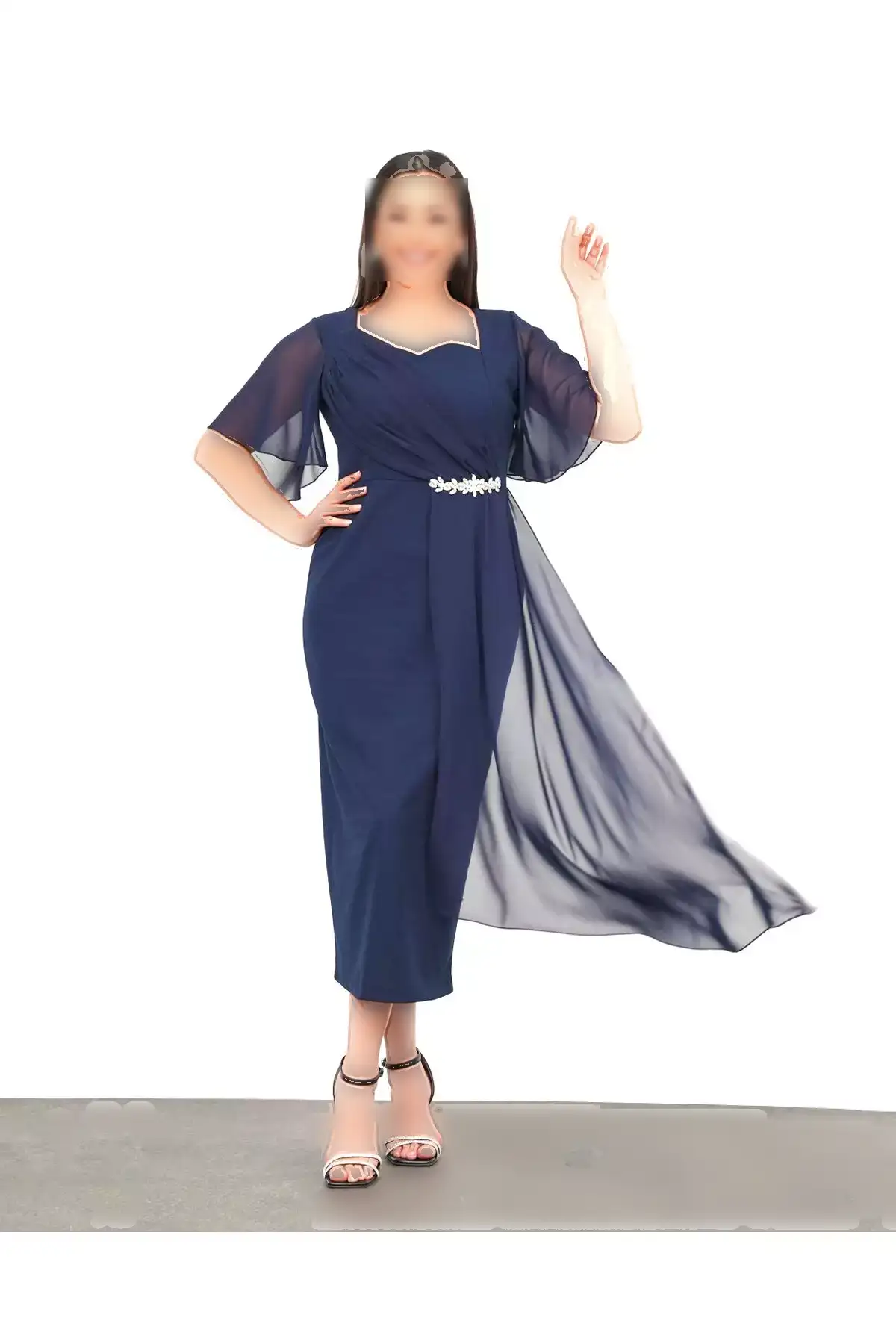 لDress شب مجلسی بزرگ سایز زنانه با جزئیات مرواریدی و پارچه شيفون رنگ سرمهای برند Şirin Butik - 947168626