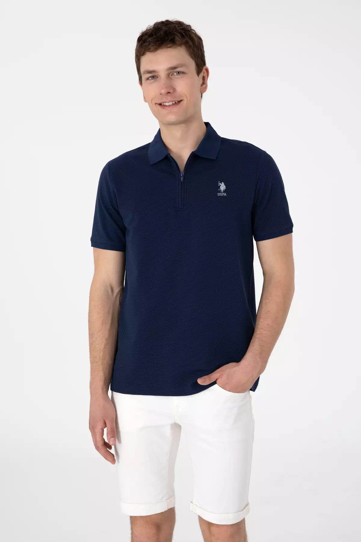 تیشرت مردانه با فیت معمولی و زیپ، رنگ سرمهای با بافت 50306014-VR033 برند U.S. Polo Assn. - 941914689