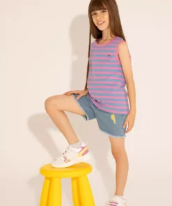 تیشرت آستیندار کجراه دخترانه به رنگ آبی تیره با یقه گرد برند U.S. Polo Assn. - 836066914