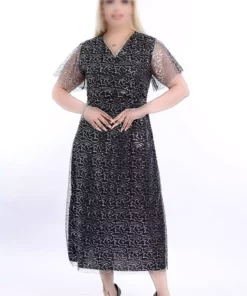 پیراهن مجلسی خاکستری بزرگ با یقه کراوات و زیورآلات 13C-2328 برند modayız - 704486898
