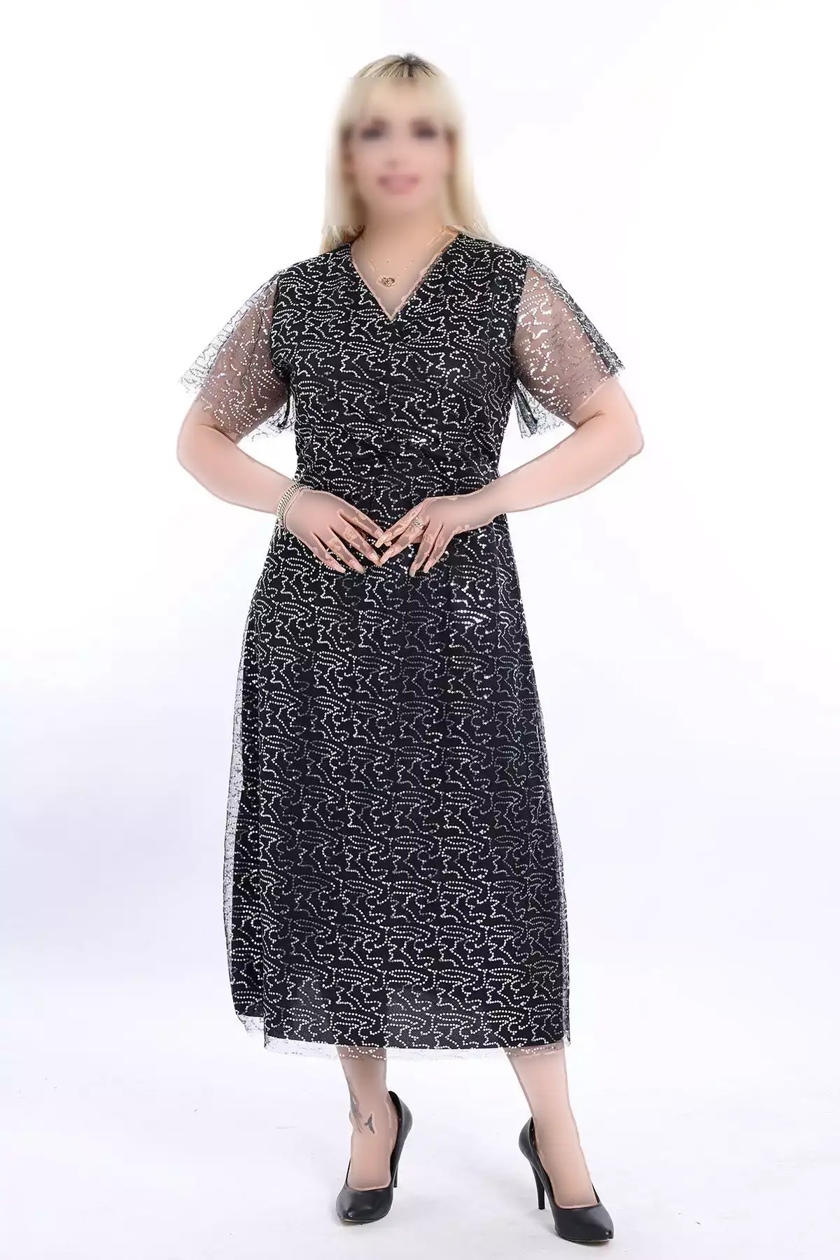 پیراهن مجلسی خاکستری بزرگ با یقه کراوات و زیورآلات 13C-2328 برند modayız - 704486898