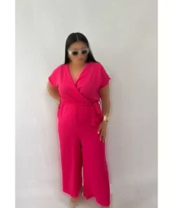 jumpsuit زنانه با یقه کراواتی و پارچه ویسکوز در سایز بزرگ و رنگ فوشیا برند KLEERMAKER - 834743573