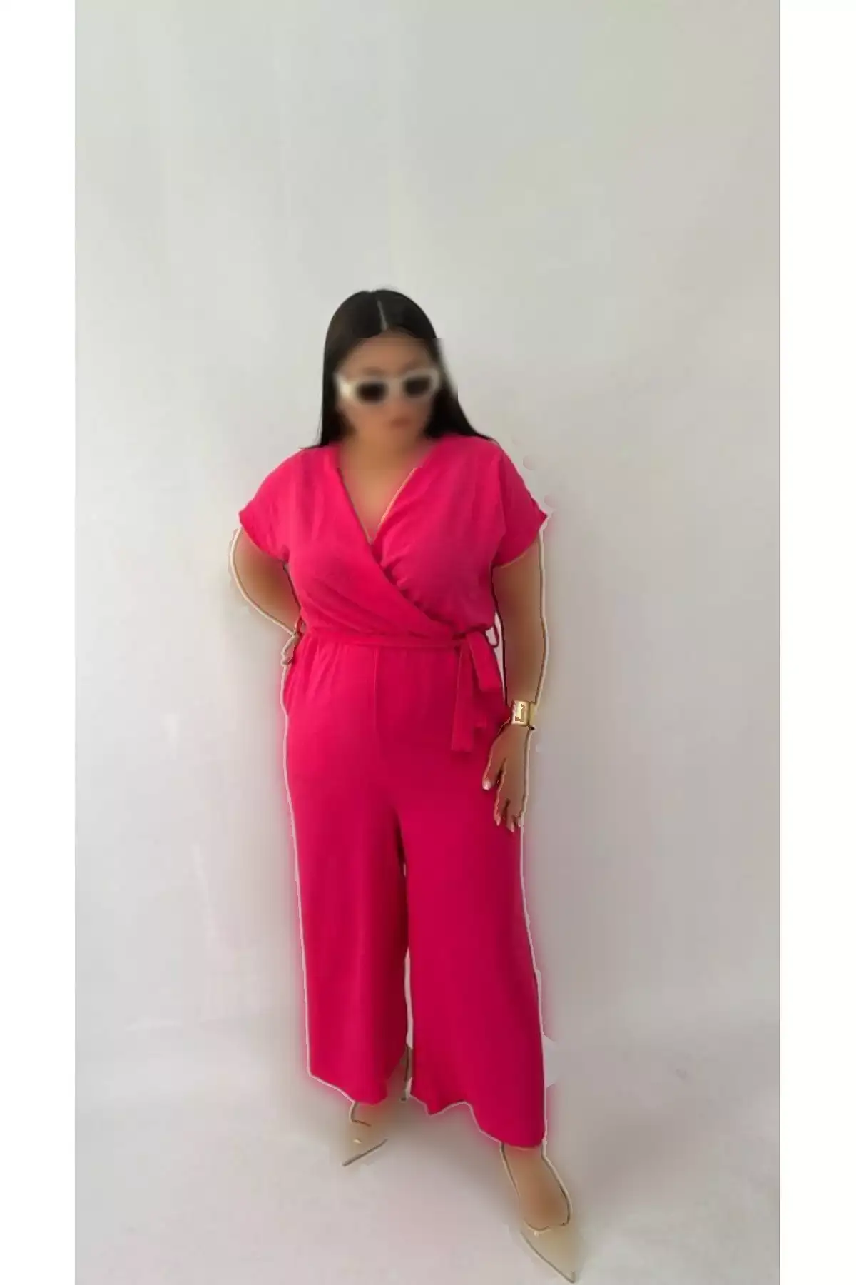 jumpsuit زنانه با یقه کراواتی و پارچه ویسکوز در سایز بزرگ و رنگ فوشیا برند KLEERMAKER - 834743573