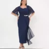 لDress شب مجلسی بزرگ سایز زنانه با جزئیات مرواریدی و پارچه شيفون رنگ سرمهای برند Şirin Butik - 947168626