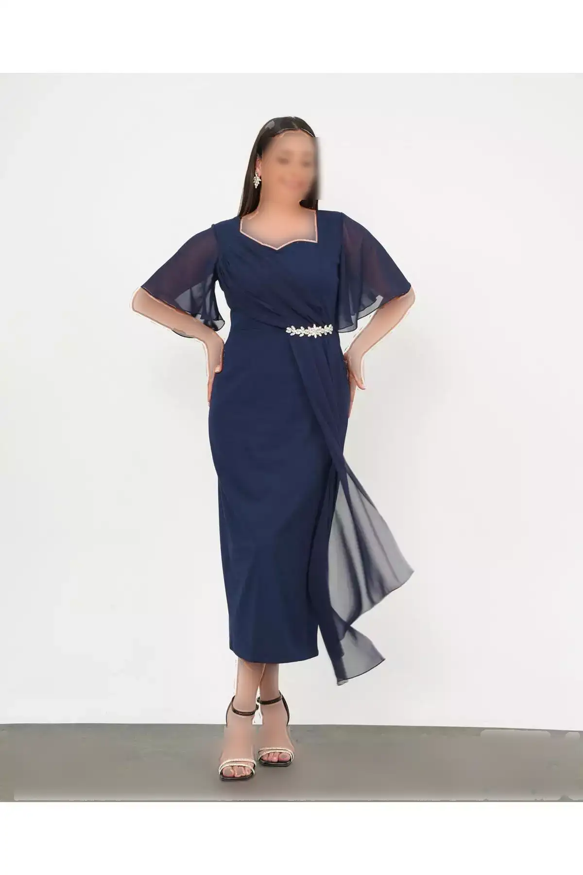 لDress شب مجلسی بزرگ سایز زنانه با جزئیات مرواریدی و پارچه شيفون رنگ سرمهای برند Şirin Butik - 947168626
