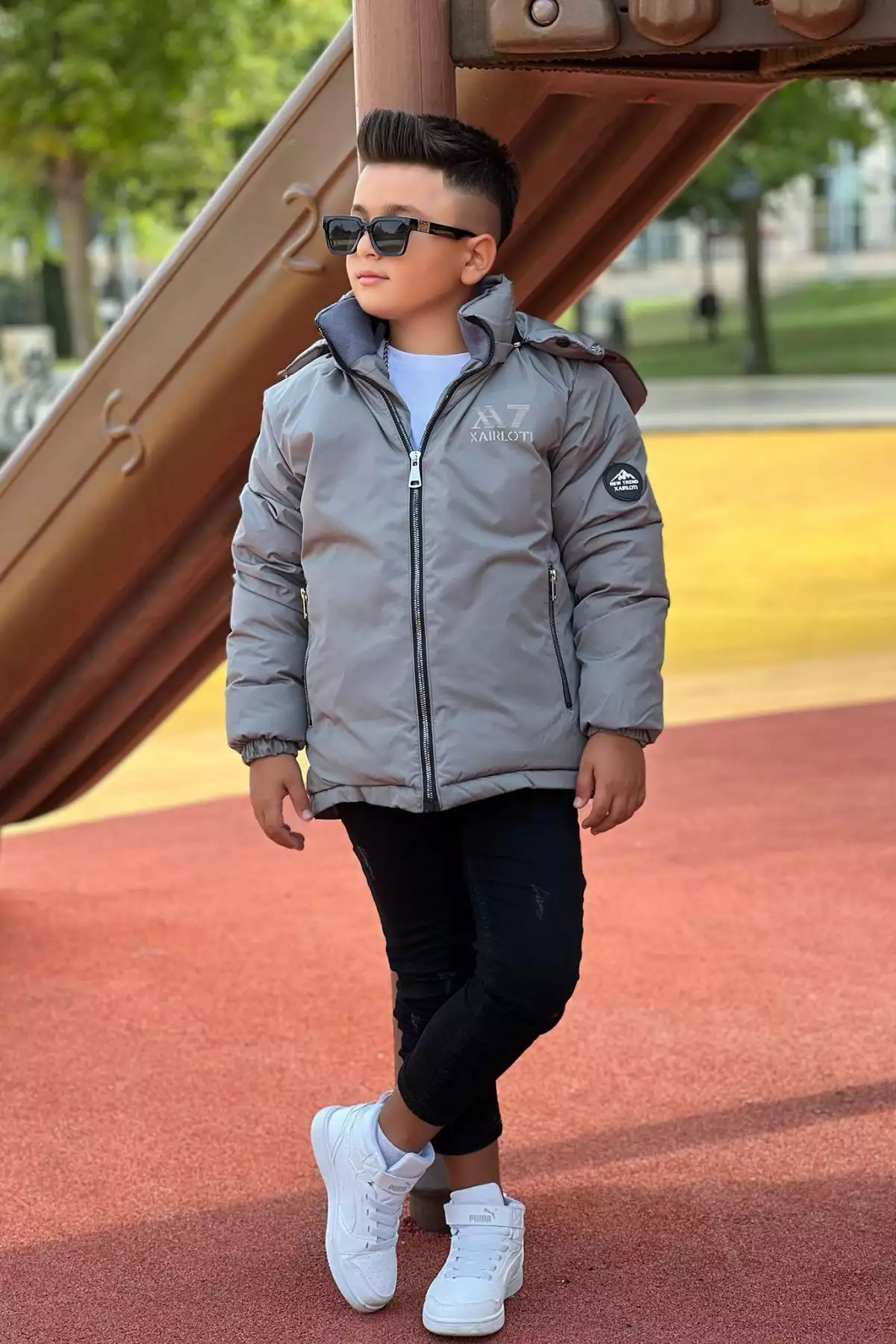 کاپشن زمستانی پسرانه با کلاه قابل جدا شدن و جزئیات یقه مدل KM3501 برند Pina Kids - 972648657