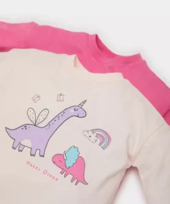 تیشرت های نوزاد دخترانه با یقه دوچرخهای و طرح دایناسور، دو عددی، آستین بلند E6362A525SP برند Defacto - 922380807