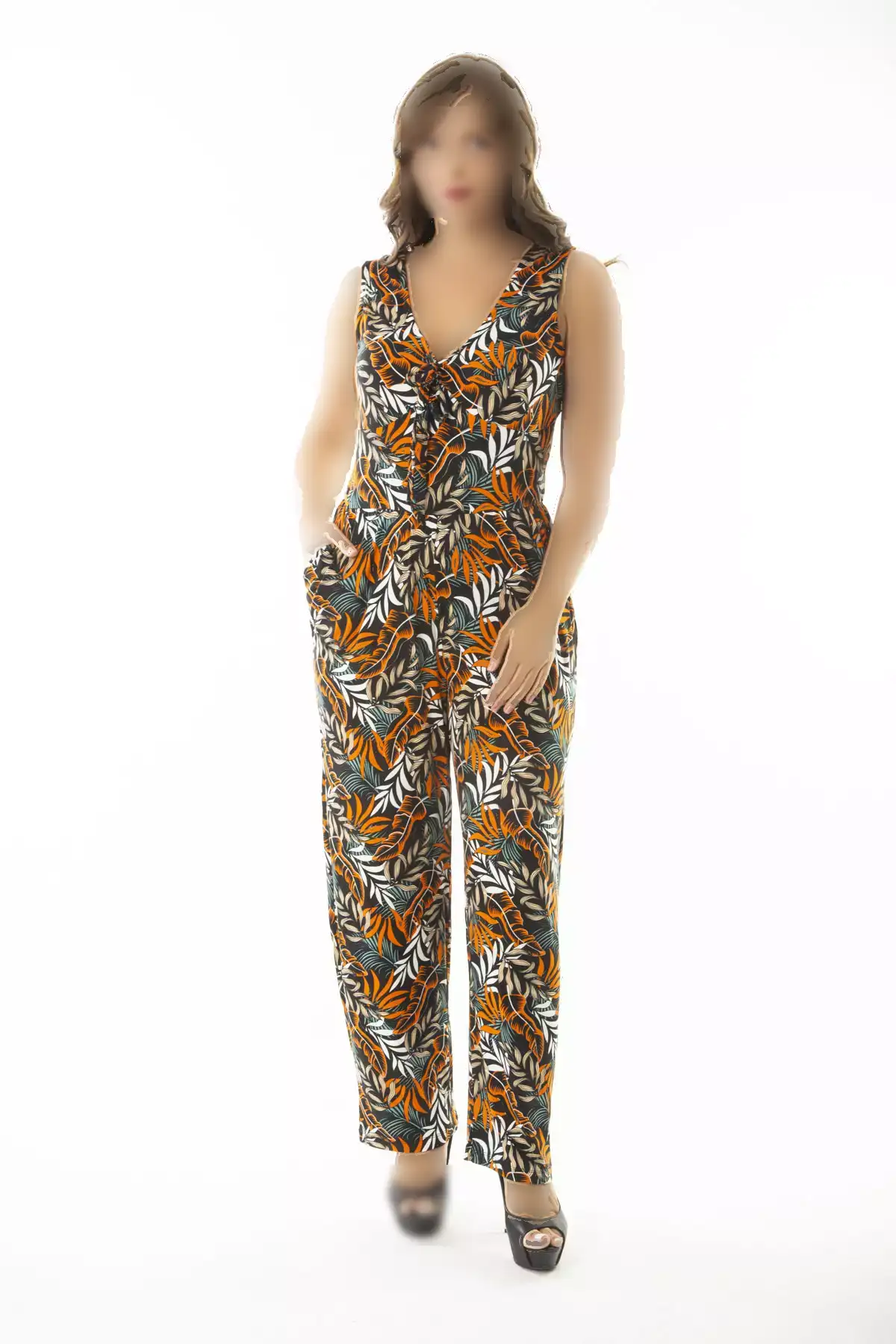 سرهمی رنگی زنانه بزرگ سایز با یقه V و جیبهای کناری 65N36877 برند Şans - 761010068