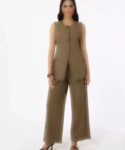 ست دو تکه شلوار و جلیقه کتانی - رنگ خاکی - برند رفکا برند Refka - 940595722