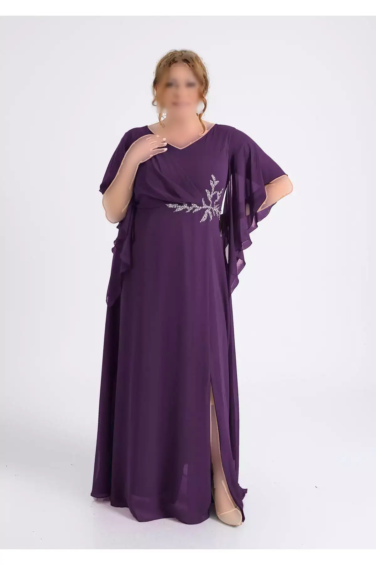 پیراهن مجلسی بلند شنل دار به رنگ مرواریدی با شکاف برای سایز بزرگ برند LİLAS XXL - 841006845