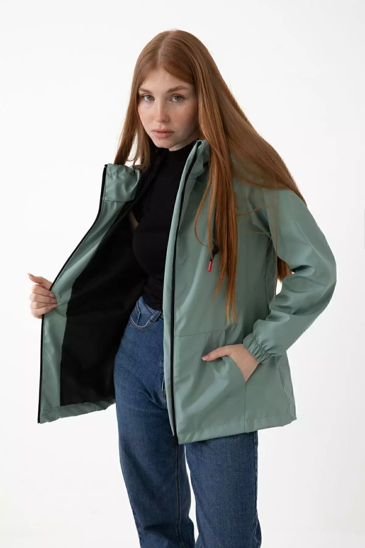 بارانی زنانه سبز مِنتی با داخل آستر، ضد آب و مقاوم در برابر باد، کُلاهدار و دارای جیب برند freemen - 921546655