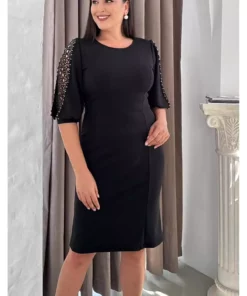 لباس مجلسی میدی با یقه گرد و آستینهای مروارید دوزی شده برای بانوان سایز بزرگ 24073 برند Butik Nilyam - 822784916