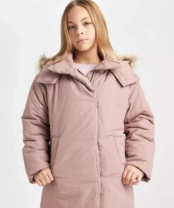 کاپشن پارکا با یقه خز مصنوعی قابل جدا شدن و کلاه برای دختران برند Defacto - 878482177