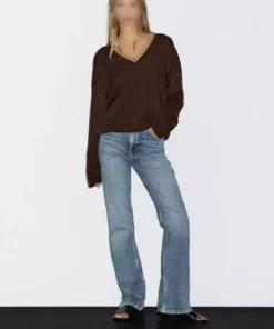 کاپشن با یقه V و بافتن مو به سبک بافتی برند Massimo Dutti - 957597219