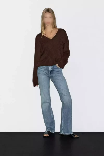 کاپشن با یقه V و بافتن مو به سبک بافتی برند Massimo Dutti - 957597219