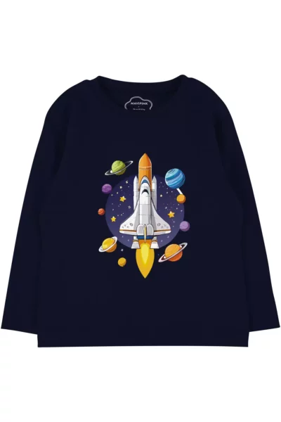 تی‌شرت نخی آستین‌بلند پسرانه با طرح فضاپیما برند Mavipink - 894776716
