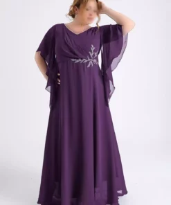 پیراهن مجلسی بلند شنل دار به رنگ مرواریدی با شکاف برای سایز بزرگ برند LİLAS XXL - 841006845