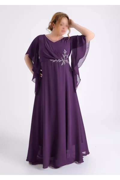 پیراهن مجلسی بلند شنل دار به رنگ مرواریدی با شکاف برای سایز بزرگ برند LİLAS XXL - 841006845