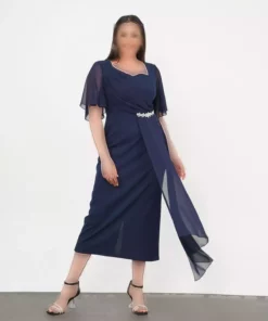 لDress شب مجلسی بزرگ سایز زنانه با جزئیات مرواریدی و پارچه شيفون رنگ سرمهای برند Şirin Butik - 947168626