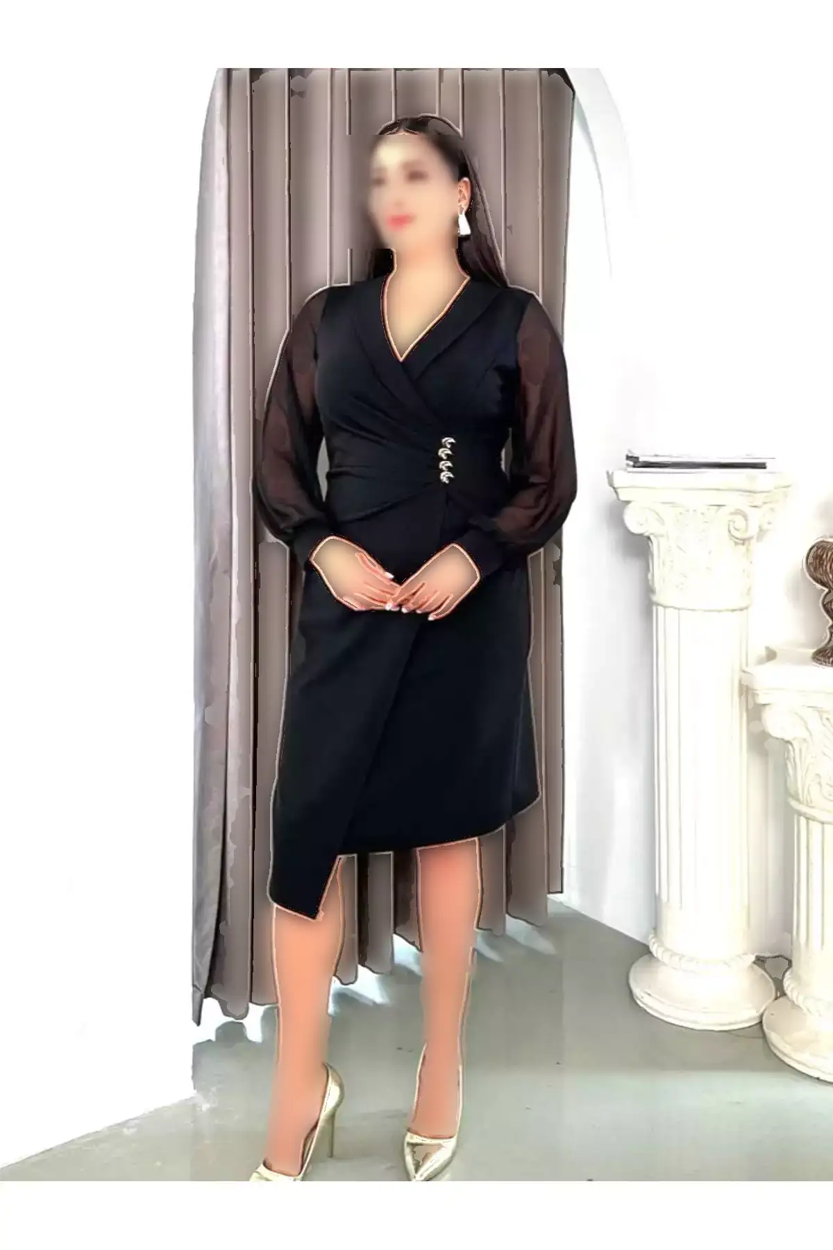 کت بزرگ زنانه مشکی با یقه و جزئیات دکمه، لباس مجلسی انعطافپذیر برند Şirin Butik - 996790820